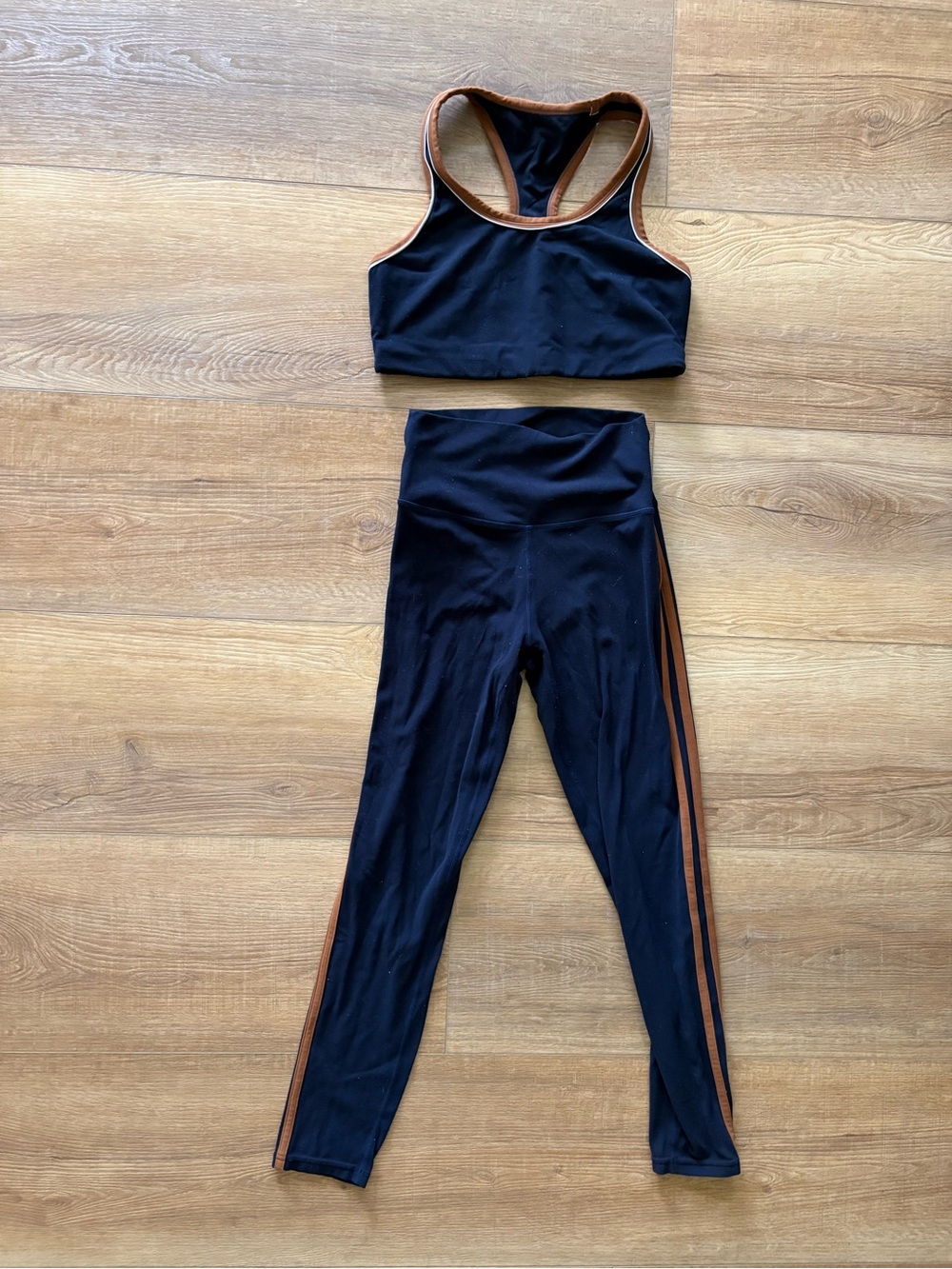 Splits59 Navy Leggings and Racerback Sports Bra with Brown Trim